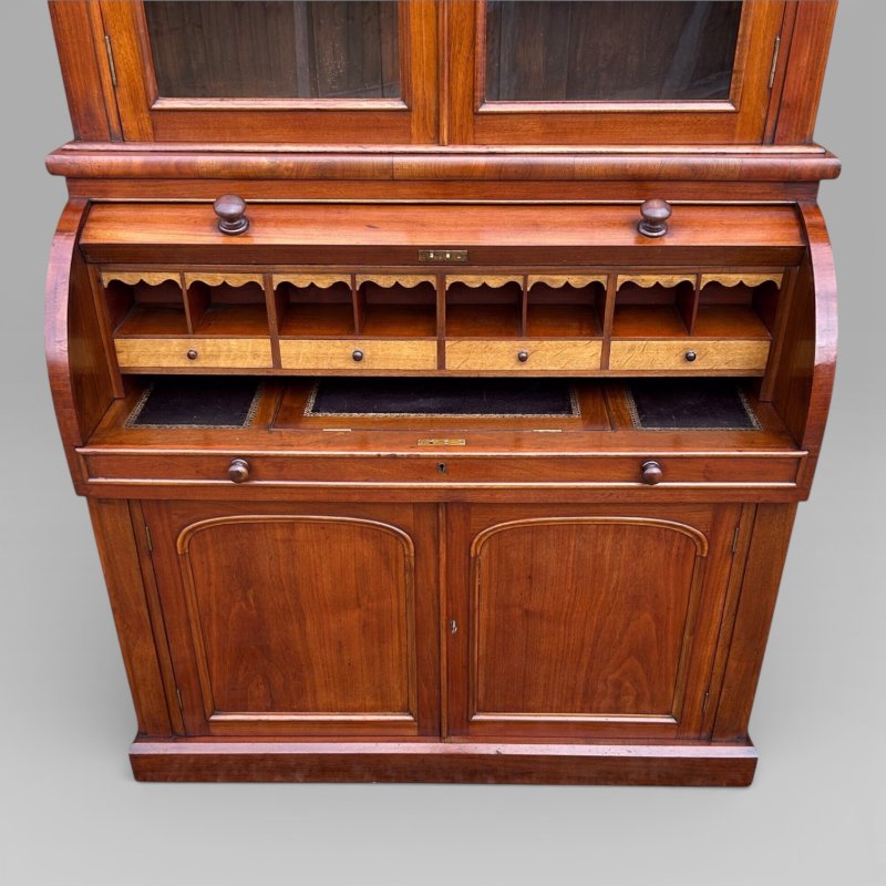Antique Victorian Walnut Cylinder Bureau Bookcase With Writing Desk & Cupboard - Image 7